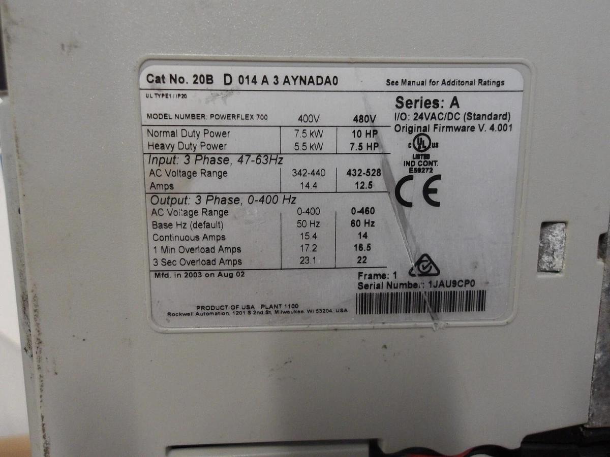 Used ALLEN BRADLEY POWERFLEX 700 CONTROLLER 10/7.5 HP, #417220G NEW