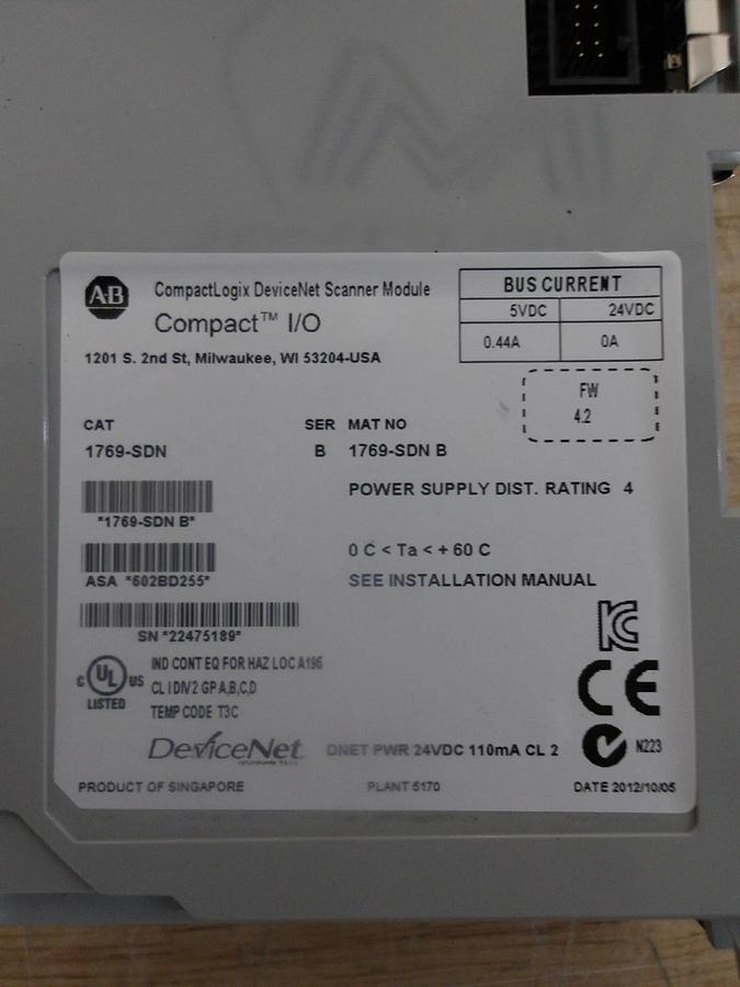 Used ALLEN BRADLEY COMPACT LOGIX 1769-SDN DEVICENET SCANNER, #424249G NEW