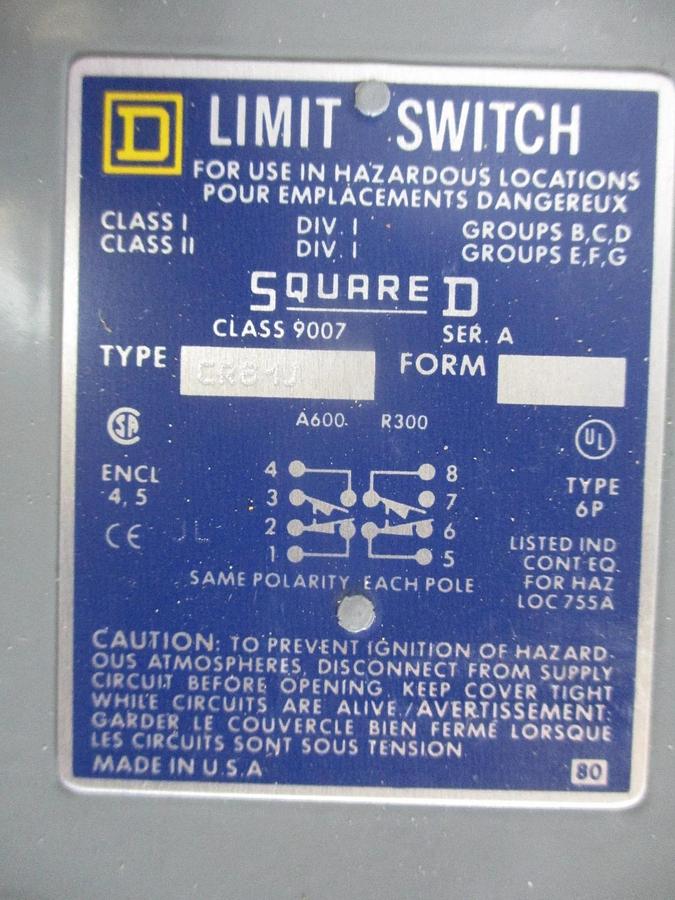SQUARE D 9007CR61J LIMIT SWITCH, #33239J NIB