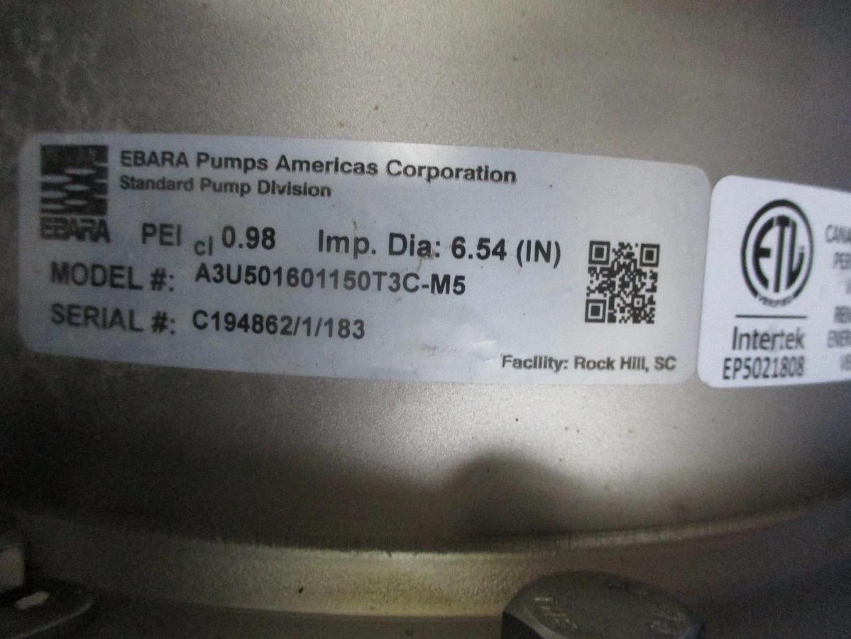 Used EBARA 2" X 2-1/2" STAINLESS 15 HP PUMP, #6121008J NEW