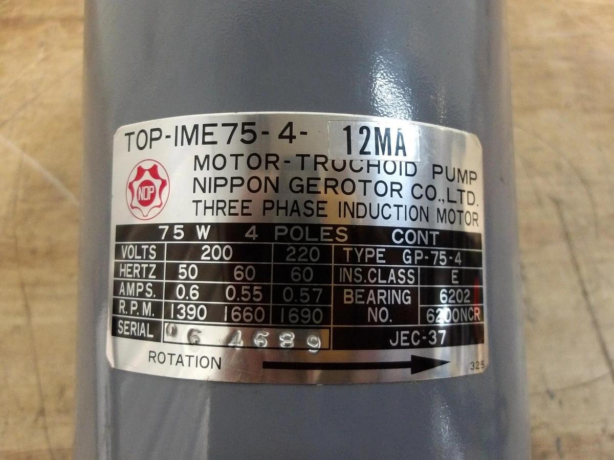 Used NIPPON GEROTOR TOP-IME75-4-12MA INDUCTION MOTOR, #5141123G NEW
