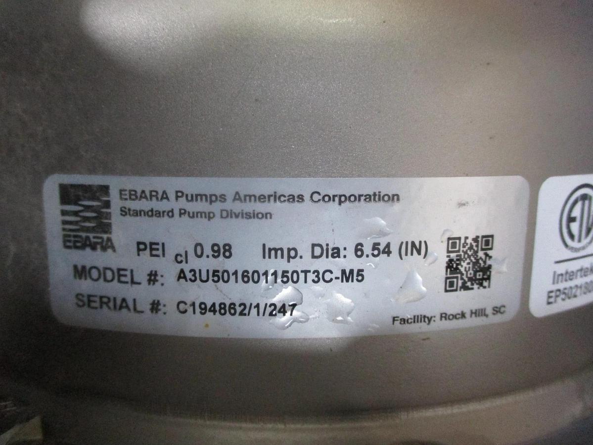 Used EBARA 2" X 2-1/2" STAINLESS 15 HP PUMP, #6121022J NEW