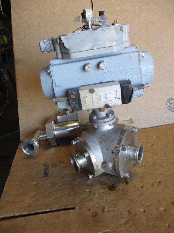Used HYGIENIC PIGGABLE 3-WAY STAINLESS 1-1/2" DIVERTER VALVE W/ ACTUATOR, #971037J