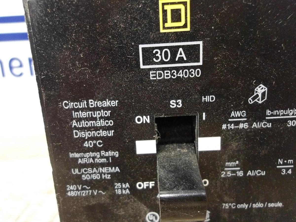 Used SQUARE D 30 AMP CIRCUIT BREAKER 240/480 V, #3171033G NEW