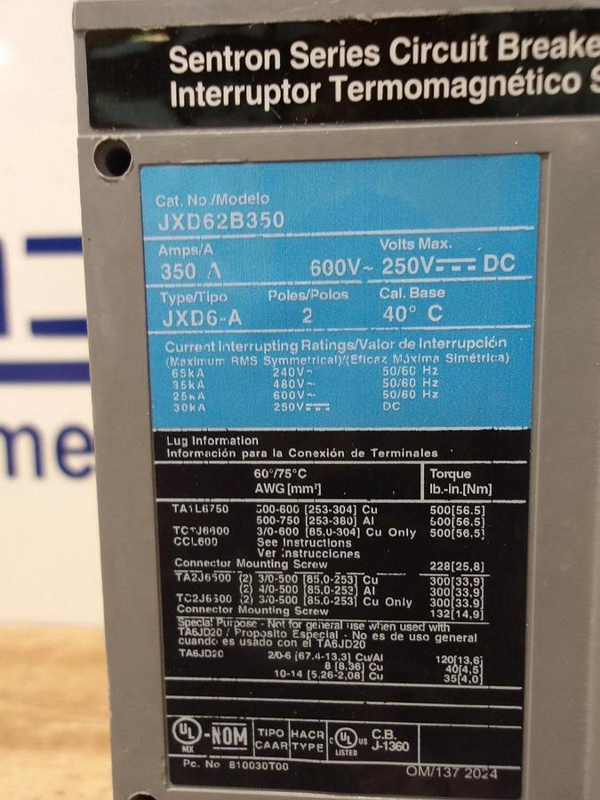 Used SIEMENS 350 AMP BREAKER 600/250 VDC, #714215G PARTS ONLY