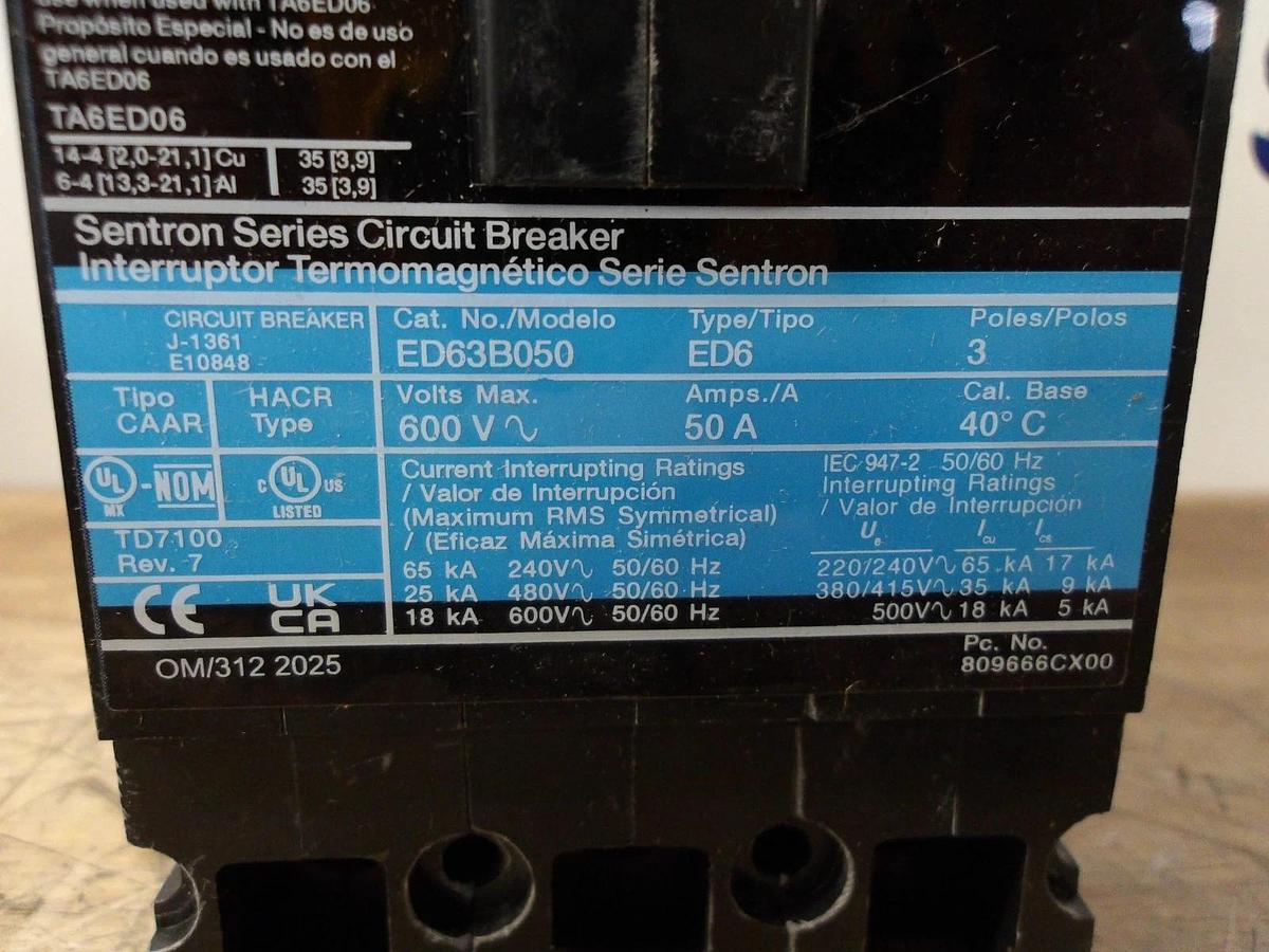 SIEMENS 50 AMP ED CIRCUIT BREAKER, 600 V, #512830G NIB