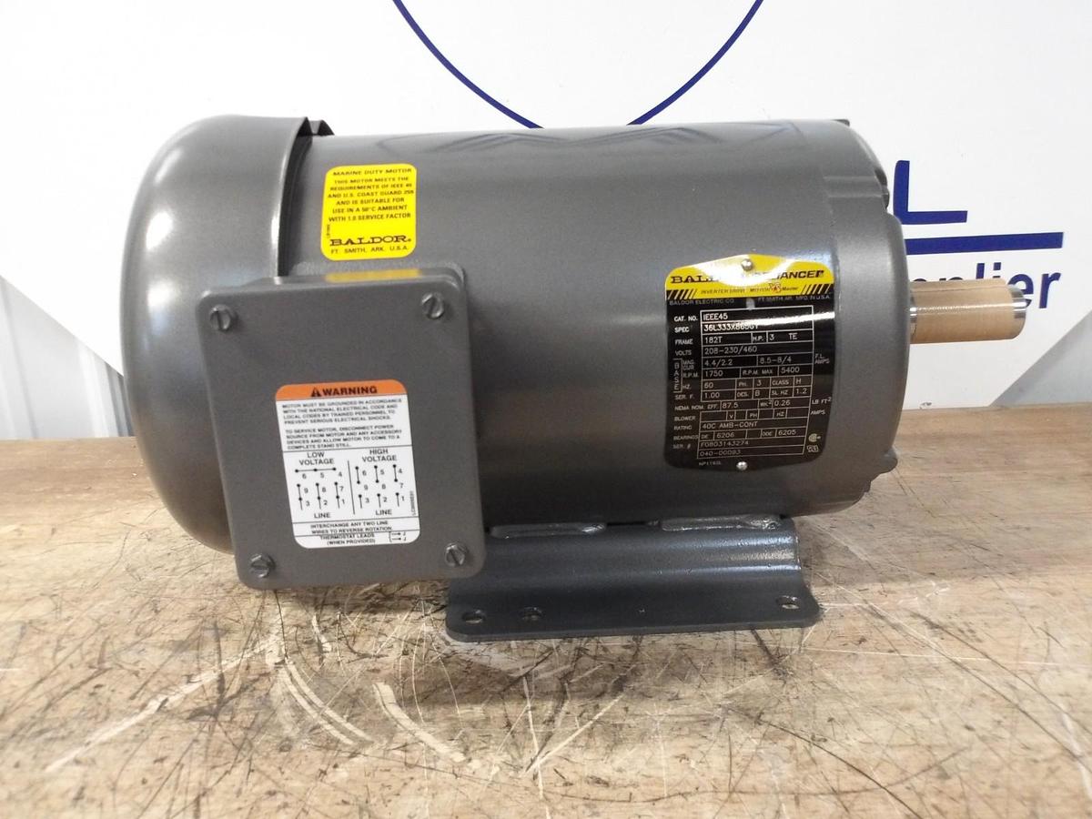 Used BALDOR RELIANCE 3 HP MOTOR, 1750 RPM, 182T FR, 208-230/460 V, #691012G NEW