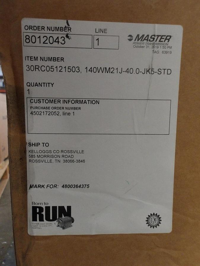 MASTER 30RC0512503 POWER SPEED REDUCER, RATIO 40.00:1, #77251G NIB