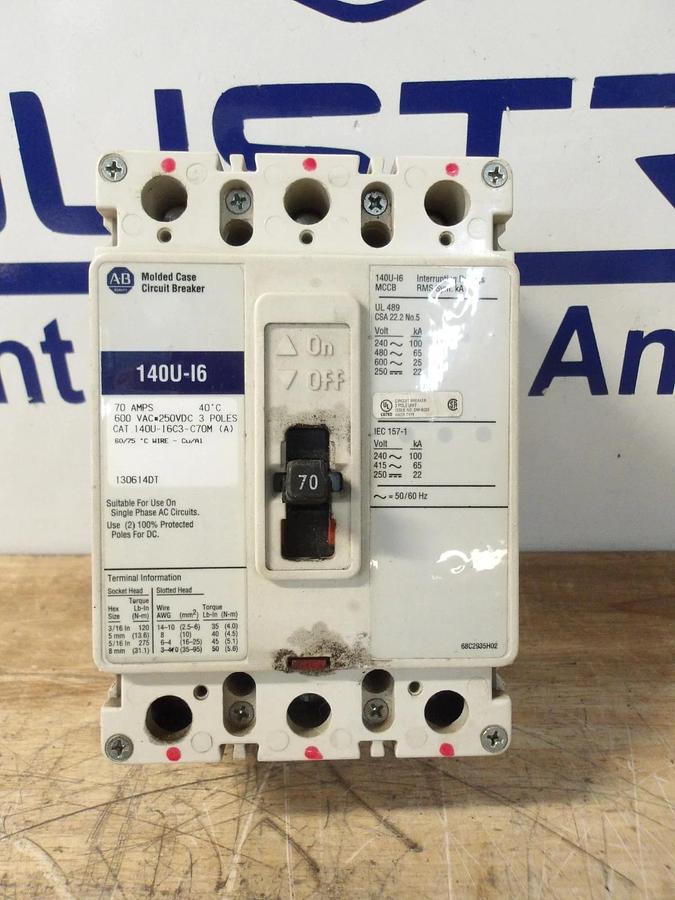 Used ALLEN BRADLEY 70 AMP BREAKER, 600VAC/250VDC, #626315G USED