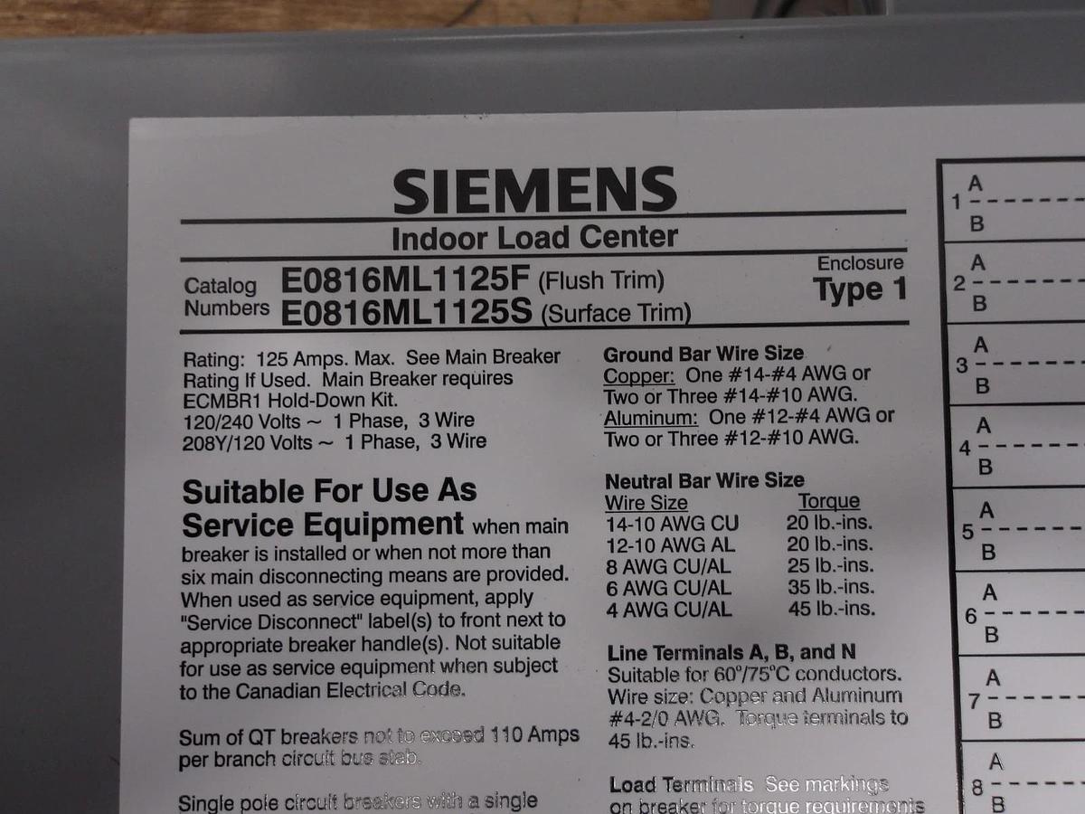 Used SIEMENS 125 AMP LOAD CENTER, 120-240 V, #610223G NEW