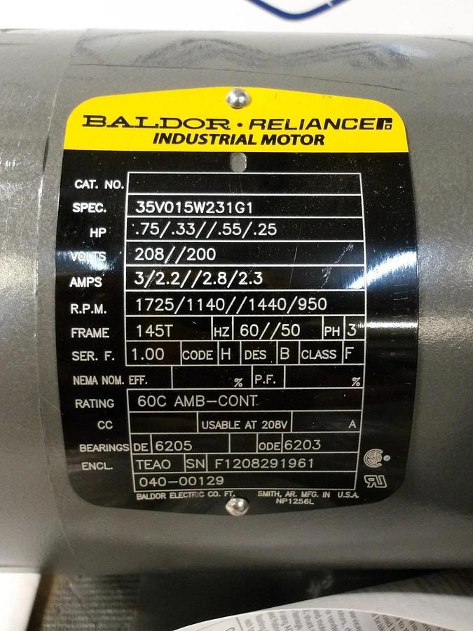 BALDOR RELIANCE .75/.33/.55 HP MOTOR, 208/200 V, 145T FR, #65953G NIB