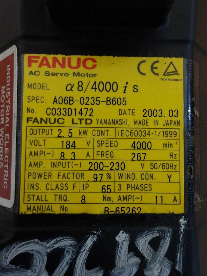 Used FANUC A06B-0235-B605 AC SERVO MOTOR 4000 RPM, #571150G REMANUFACTURED
