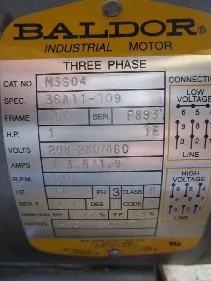 Used BALDOR 1HP MOTOR (LOW RPM), #620143J USED