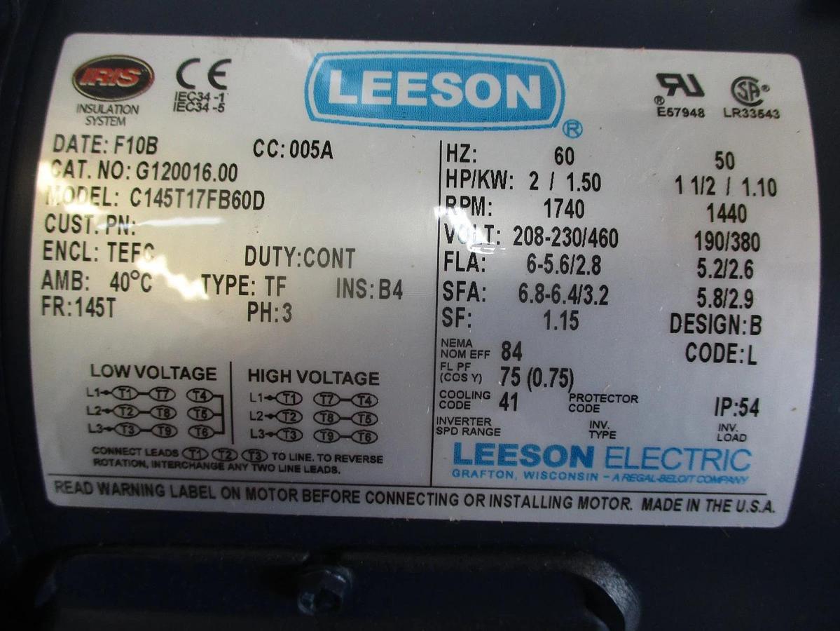 Used LEESON 2 HP MOTOR, FR 145T, 1740 1440 RPM, #691029J NEW