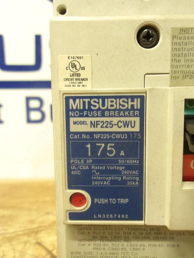 Used MITSUBISHI 175 AMP CIRCUIT BREAKER NF225-CWU, 240 V, #123216G USED