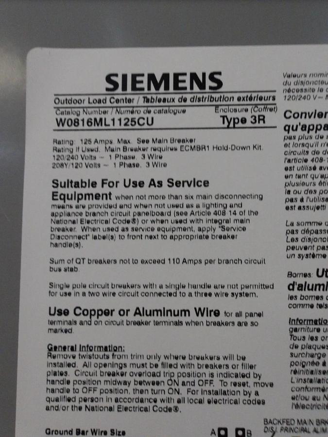 Used SIEMENS 125 AMP OUTDOOR LOAD CENTER, 120-240 V, #512219G NEW