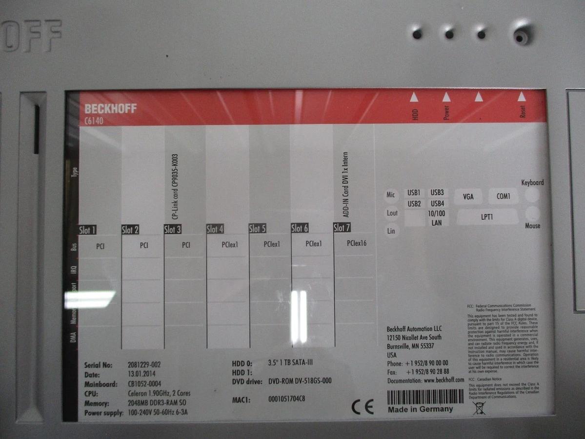 BECKOFF C6140 CONTROL CABINET INDUSTRIAL COMPUTER, 100-240 VAC, #35902J NIB