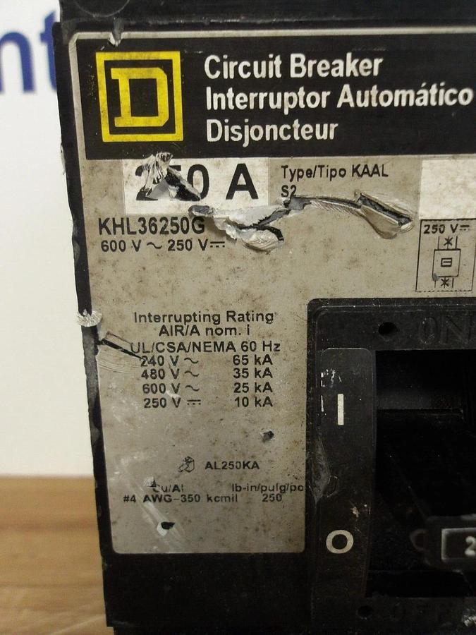 Used SQUARE D 250 AMP BREAKER KHL36250G, #225950G USED