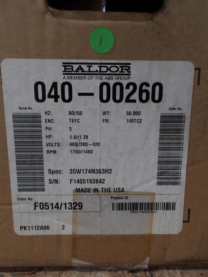 BALDOR RELIANCE 1.6/1.28 HP MOTOR, 1750/1460 RPM, 460/380-420 V, #69851G NIB