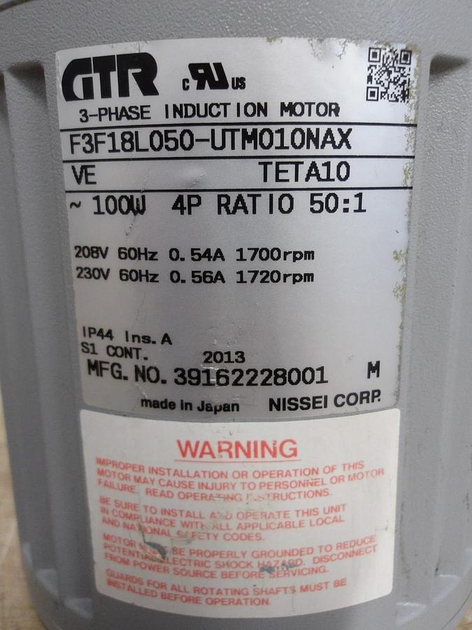 Used GTR F3F18L050-UTM010NAX INDUCTION GEARMOTOR, RATIO 50:1, #5281026G NEW