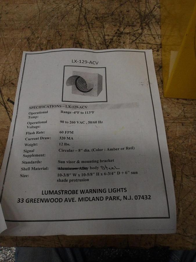 Used LUMASTROBE LX-129-ACV AMBER WARNING LIGHT 8", #39845G NEW