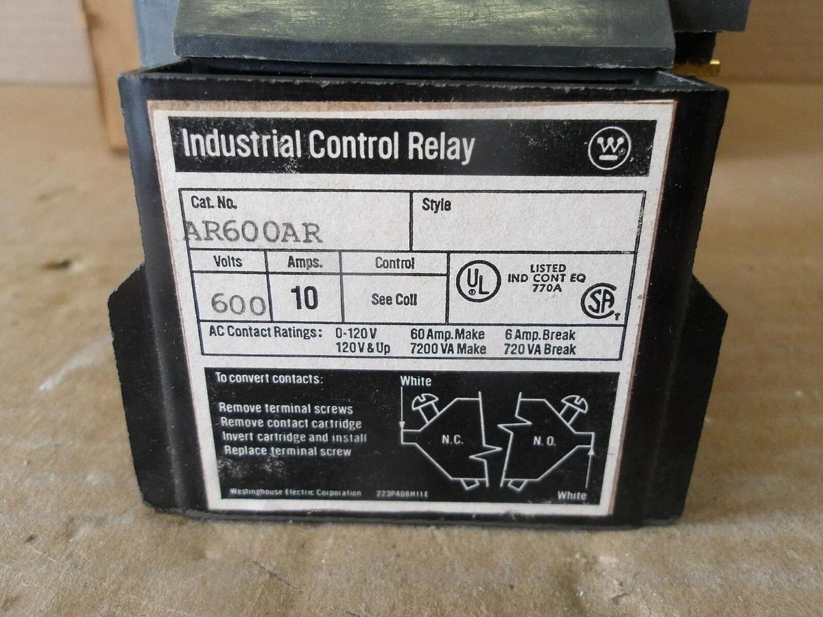 Used WESTINGHOUSE AR600AR CONTROL RELAY 10 AMP, 600 V (LOT OF 4) #78225G NEW