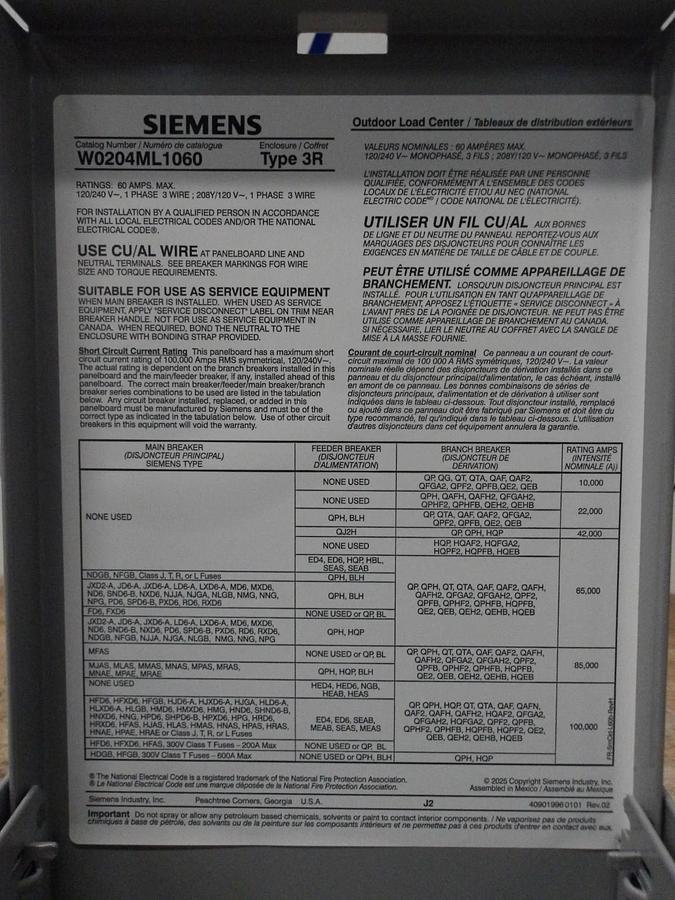 Used SIEMENS 60 AMP MAIN LUG LOAD CENTER, 120-240 V, #5121014G NEW