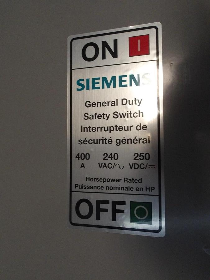 SIEMENS 400 AMP SAFETY SWITCH 240/250 V, #720206G NIB