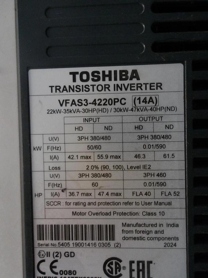 Used TOSHIBA VFAS3-4220PC DRIVE, 35 KVA, 30 HP, #7231151G PARTS ONLY