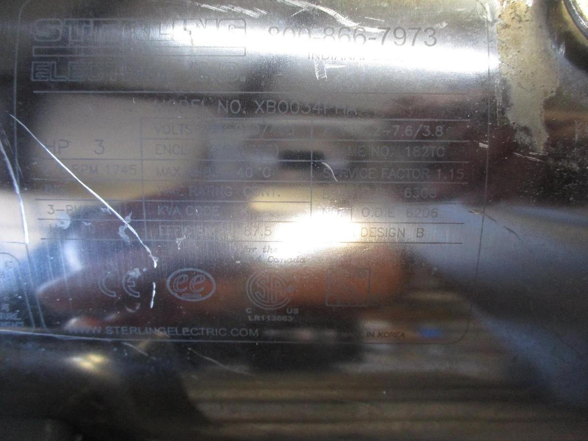 Used STERLING 3 HP STAINLESS MOTOR, FR 182TC, 1745 RPM, 208-230/460 V, #610916J USED