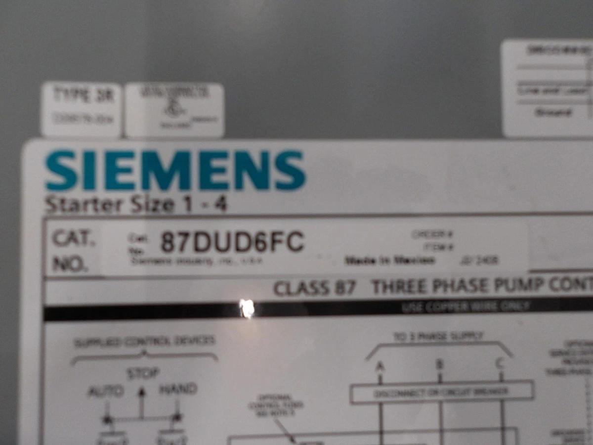 Used SIEMENS 87DUD6FC PUMP PANEL & SIZE 1 STARTER, #211903G NEW