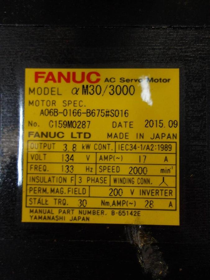 FANUC A06B-0166-B675 S016 AC SERVO MOTOR, 2000 RPM, #528750G NIB