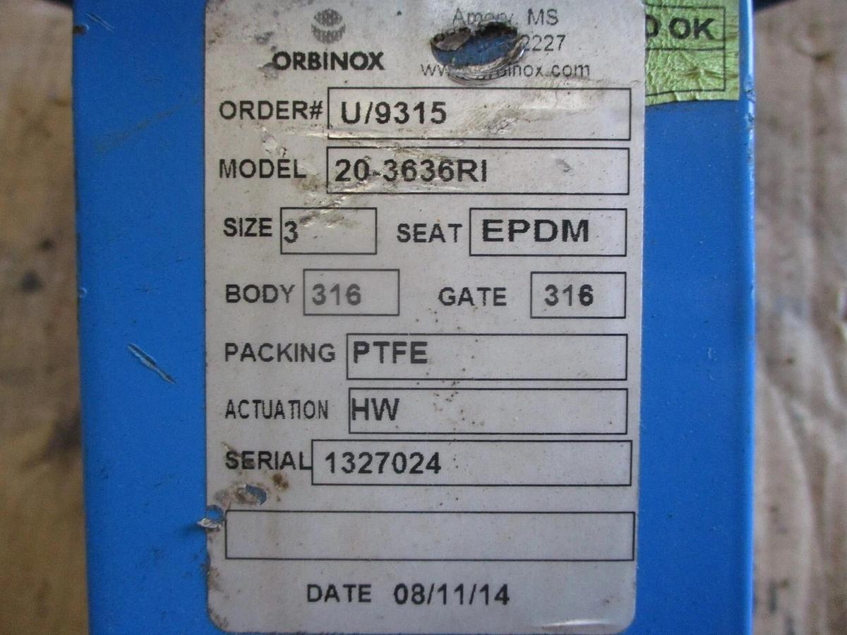 Used ORBINOX 3" STAINLESS KNIFE GATE VALVE 20-3636RI, #75850J USED