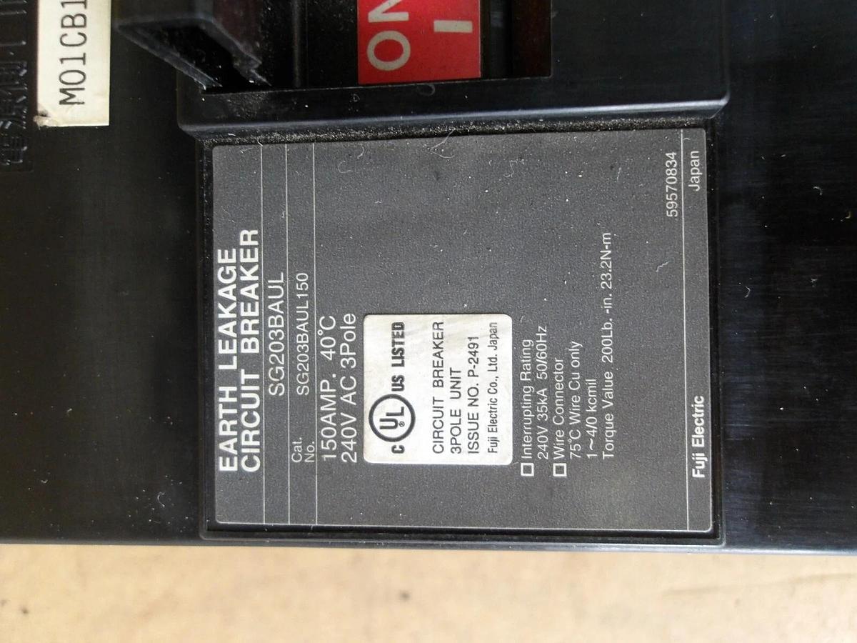 Used FUJI SG203BAUL150 EARTH LEAKAGE CIRCUIT BREAKER 150 AMP, #6181115G USED