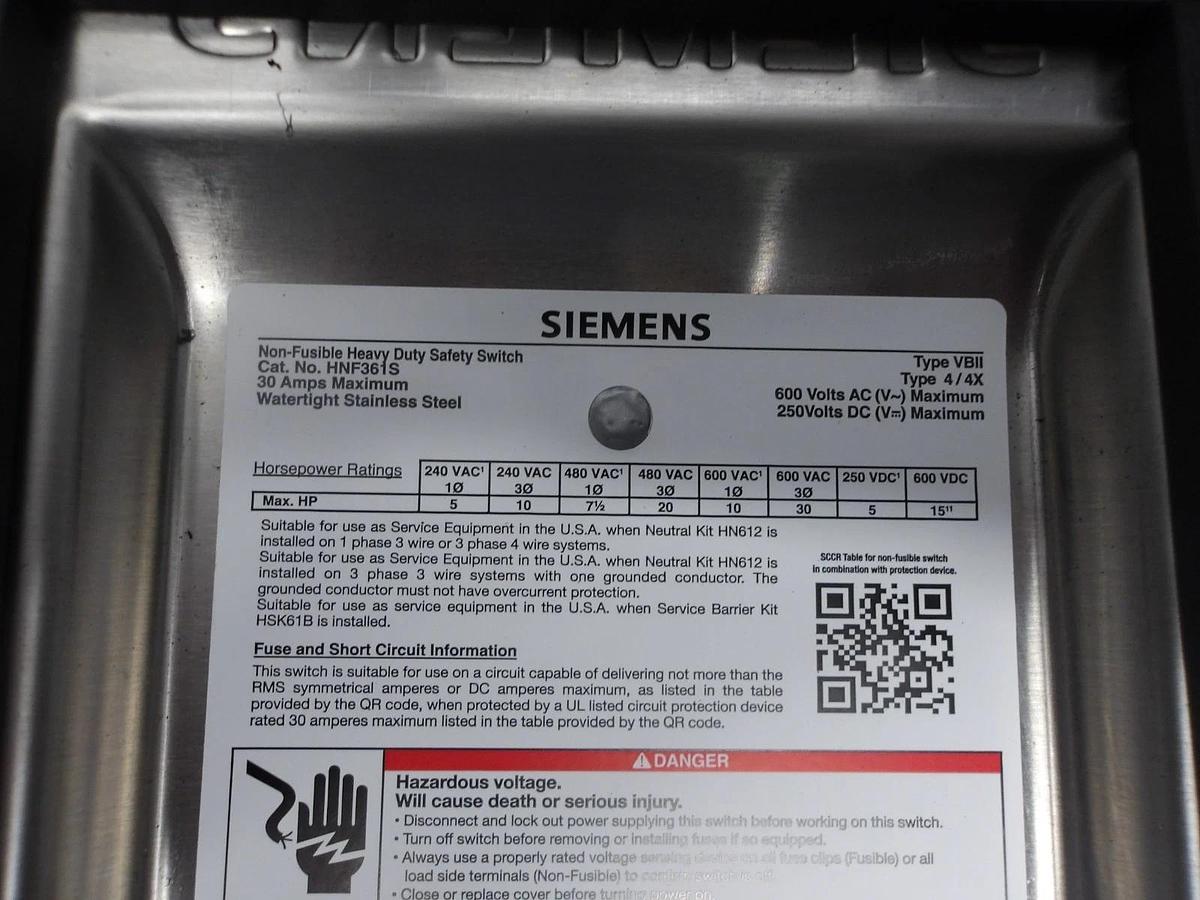 Used SIEMENS 30 AMP S/S SAFETY SWITCH 600/250 V, #716131G NEW