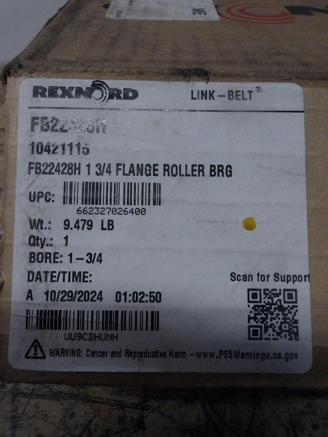 REXNORD FB22428H FLANGED MOUNTED BEARING 1-3/4" BORE, #729242G NIB
