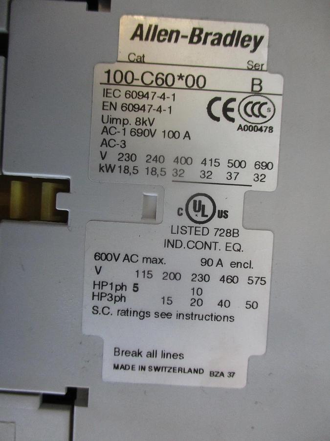 Used ALLEN BRADLEY 100-C60 60 CONTACTOR, #33939J USED