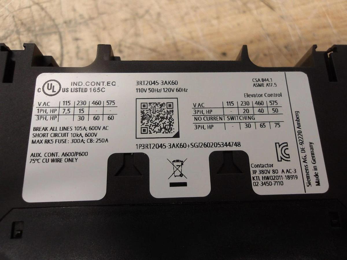Used SIEMENS SIRIUS 80 AMP CONTACTOR 115-230-460-575 V, #781008G NEW