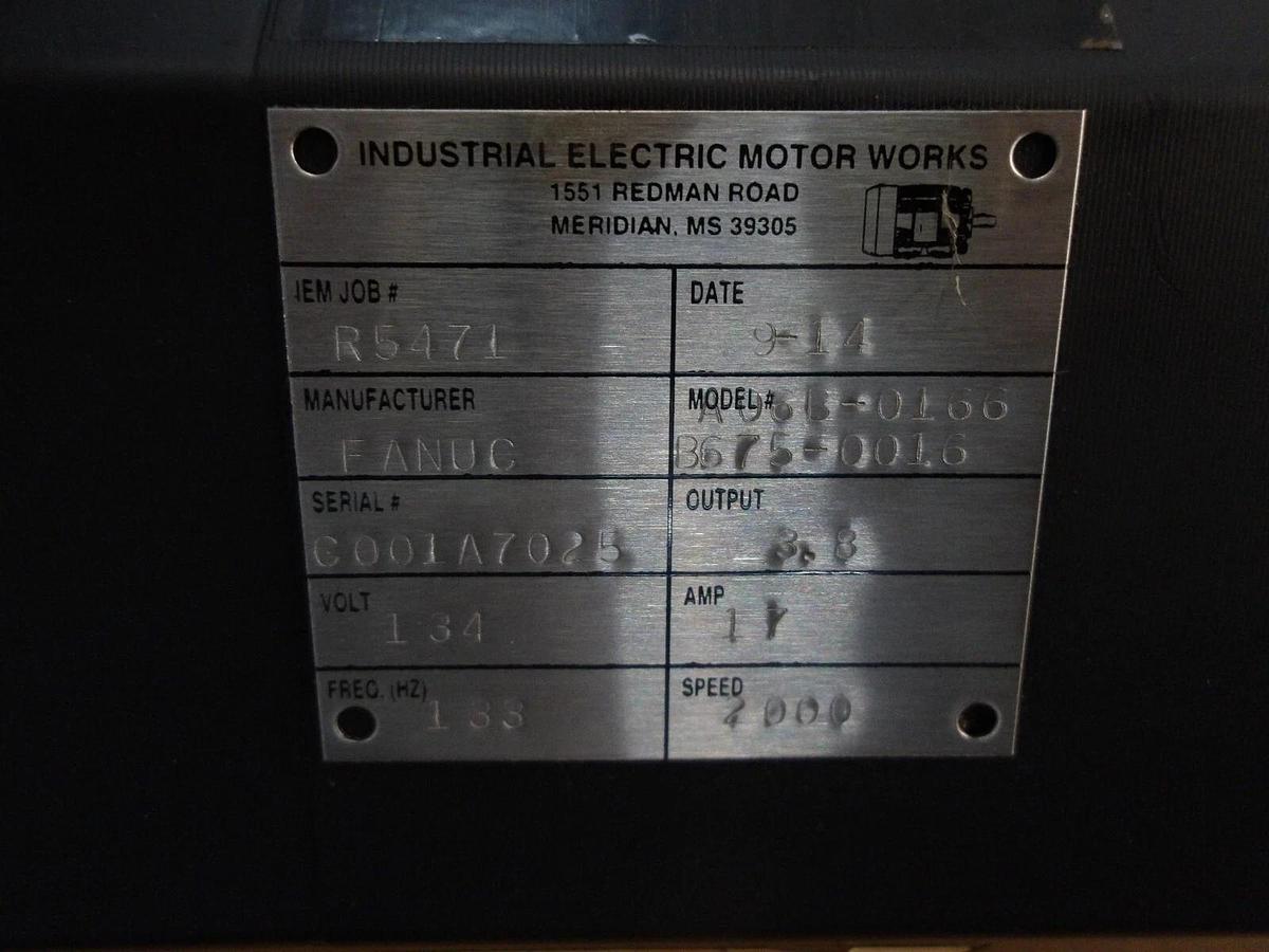 Used FANUC A06B-0166-B675 0016 AC SERVO MOTOR, 2000 RPM, #528243G REMANUFACTURED