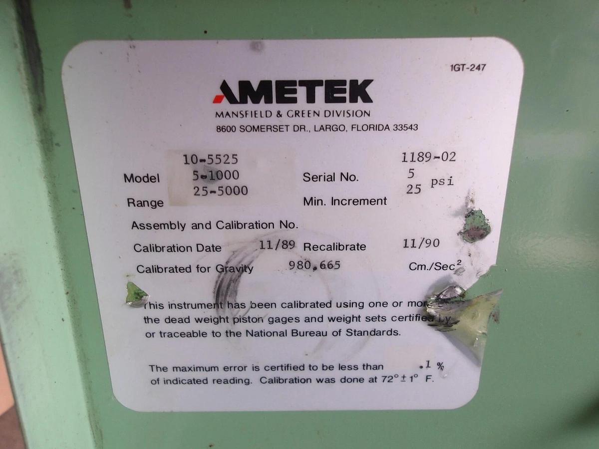 Used AMETEK 10-5525 DEAD WEIGHT PRESSURE TESTER, #7291145G USED