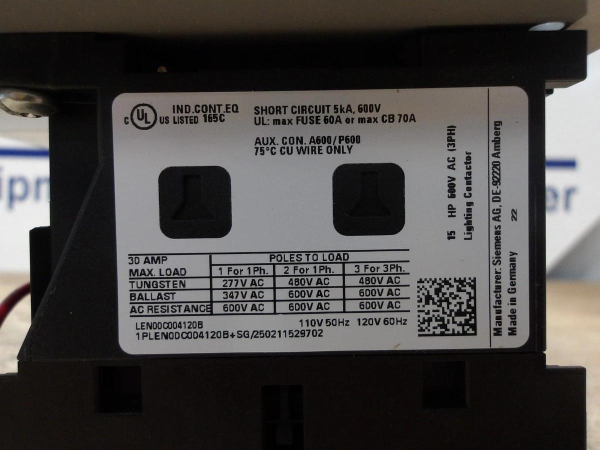 Used SIEMENS 120 A LIGHTING CONTACTOR LEN00C012120B, #617220G NEW