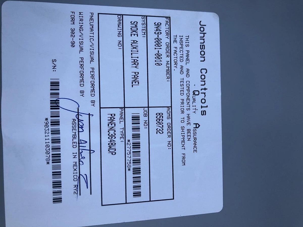JOHNSON CONTROLS SMOKE AUXILIARY PANEL 36”x48” 6x MS-IOM4711-0U 1x FAC2611-0U -