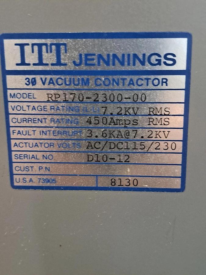 ITT Jennings RP170-2300-00 3-Pole Vacuum Contactor 7.2KV 450A 115/230V AC/DC NEW