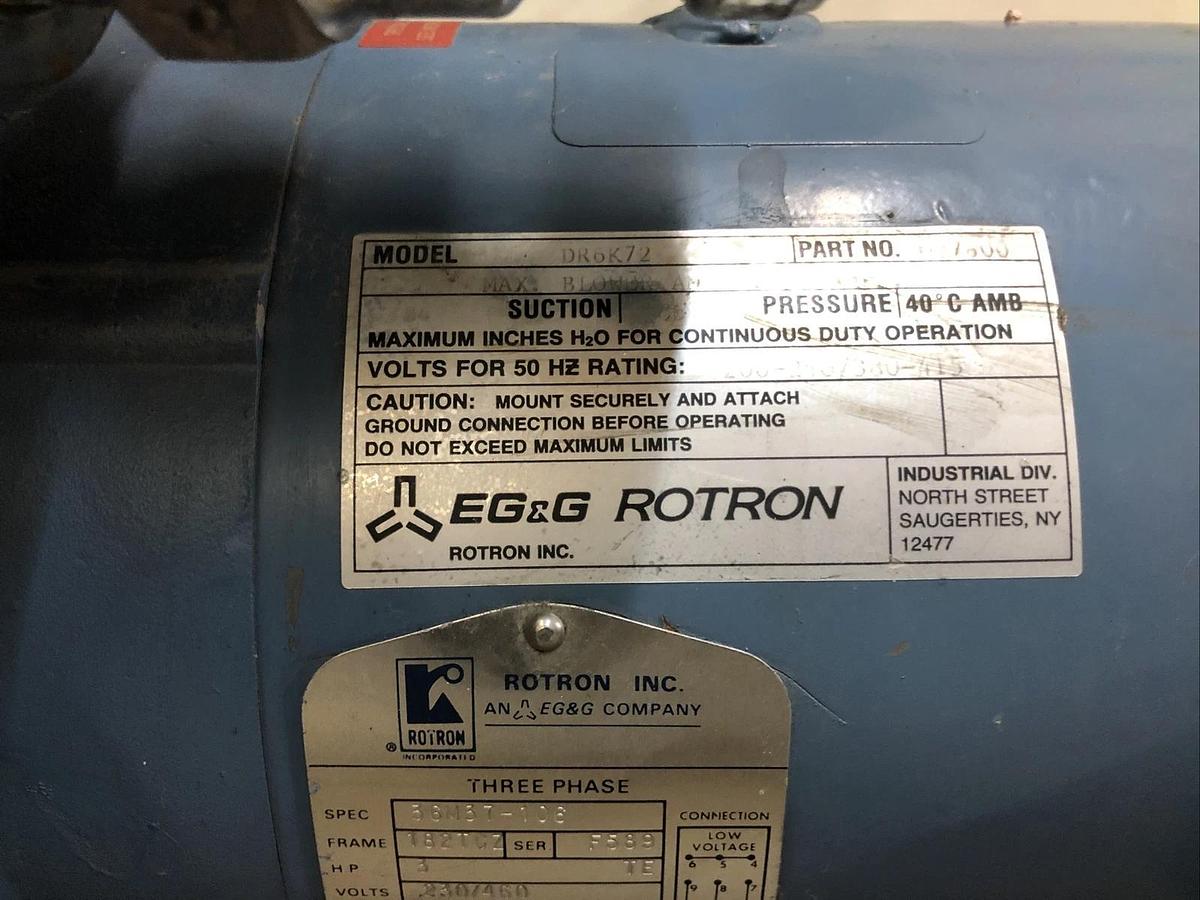Used AMETEK (EG&G) ROTRON REGENERATIVE BLOWER DR6K72 027600 230/460VAC 3hp Pump Skid