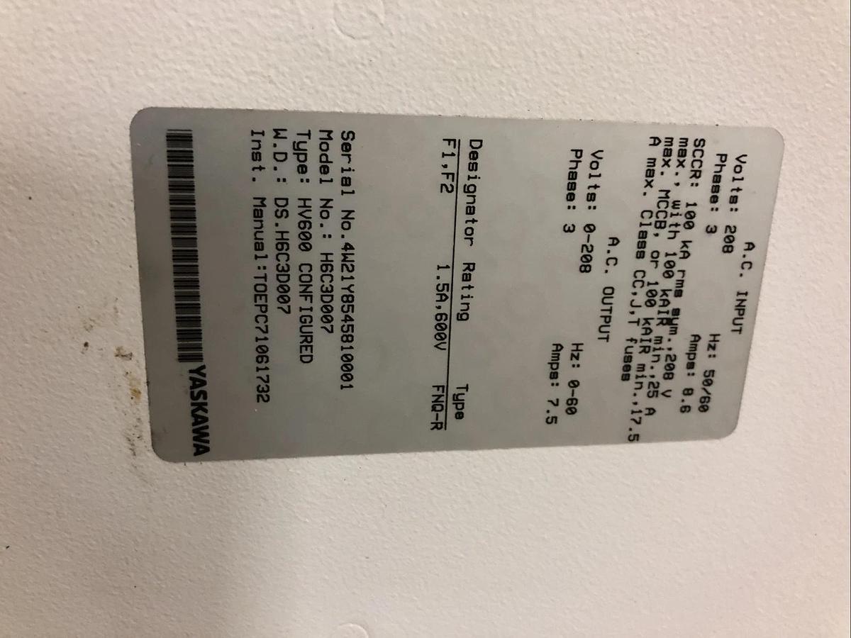 YASKAWA ELECTRIC H6C3D007, yaskawa HV60U2011CFA VFD, HV600, HLL36000S15, New *