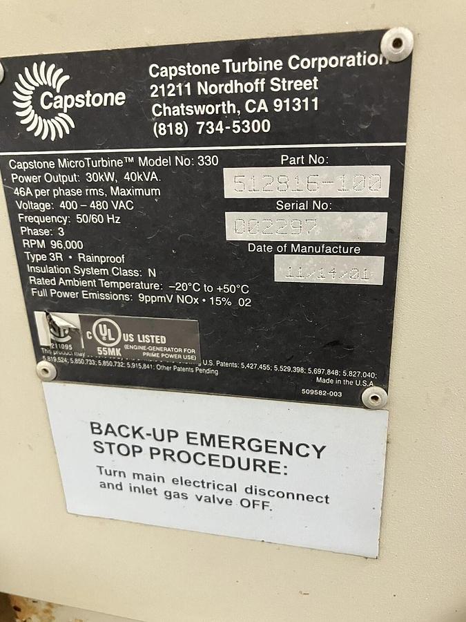 Used Capstone Microturbine 330 Turbine NatGas 3PH 480V 28kW NEW BATTERY PACK 2500hrs