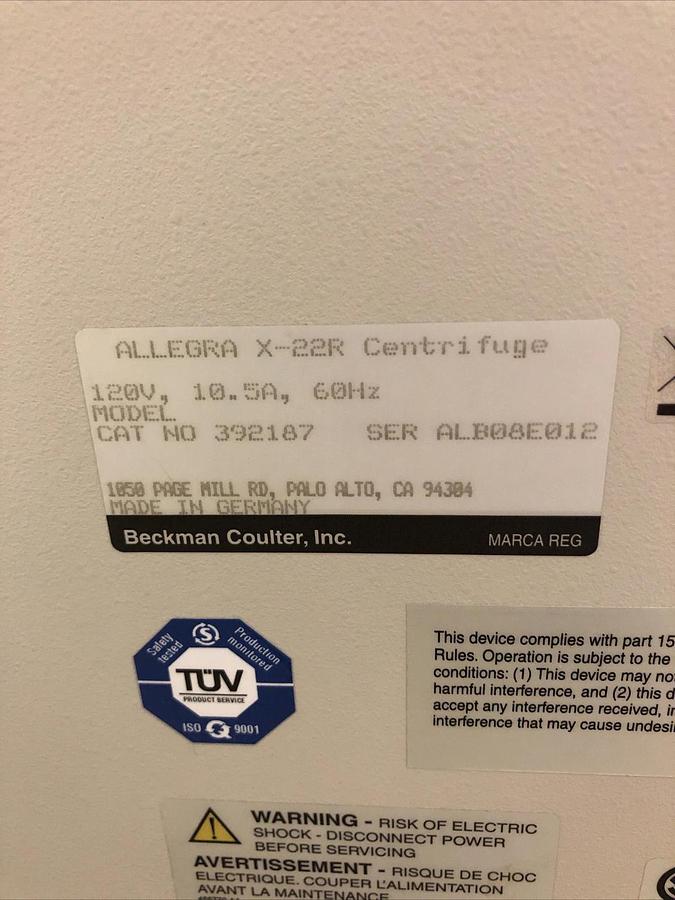 Used Beckman Coulter Allegra X-22R Refrigerated centrifuge W/F0630 Rotor-Basic Test*