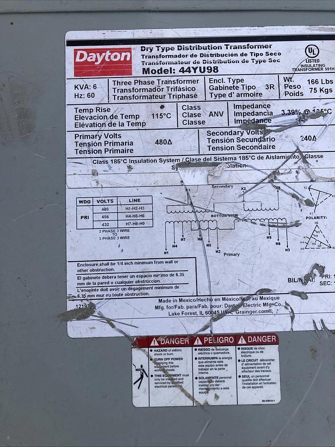 DAYTON General Purpose Transformer 44YU98 240/480VAC, 150VA | U.S.A. SELLER