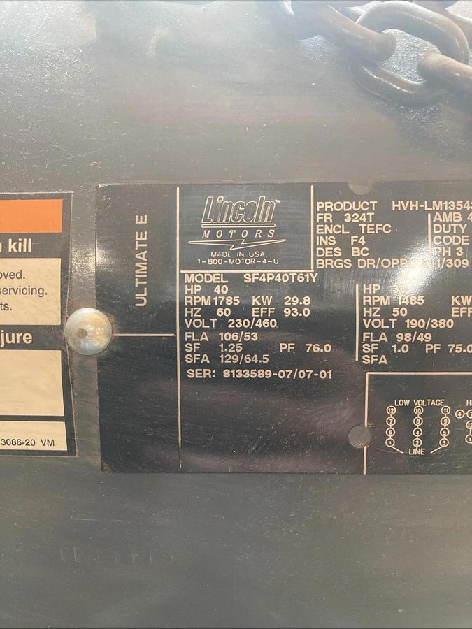 Used Lincoln Motors SF4P40T61Y HP40, 230/460V Good Condition | U.S.A. SELLER