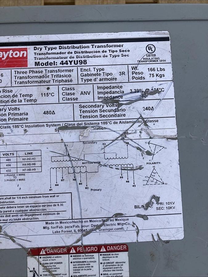 DAYTON General Purpose Transformer 44YU98 240/480VAC, 150VA | U.S.A. SELLER